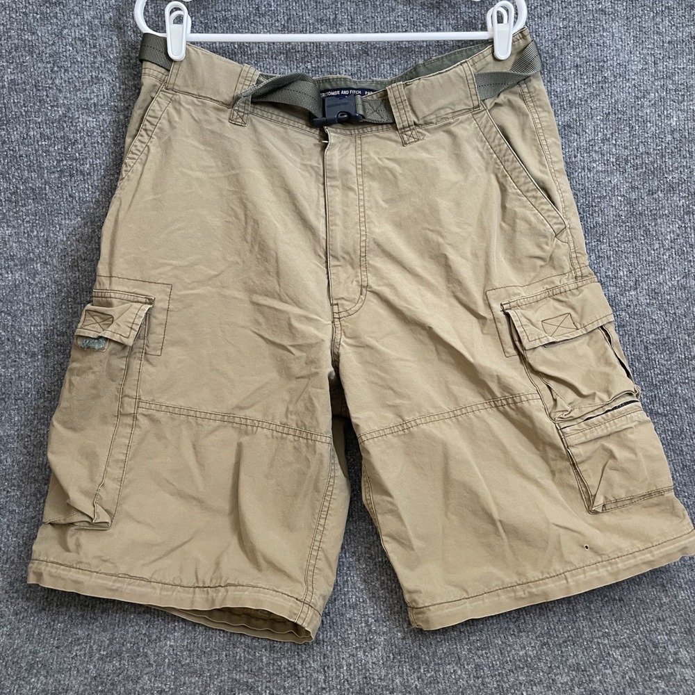 VTG Y2K Abercrombie Fitch Paratrooper Cargo Shorts Mens L Belted Cotton Kahki